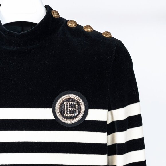 Balmain Black & White Striped Velvet Long-Sleeve Mini Dress - Picture 5 of 14